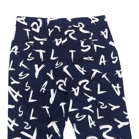 Mens Gurkha Pants 38 Blue White Chino Trousers Text Print Straight Flat Front